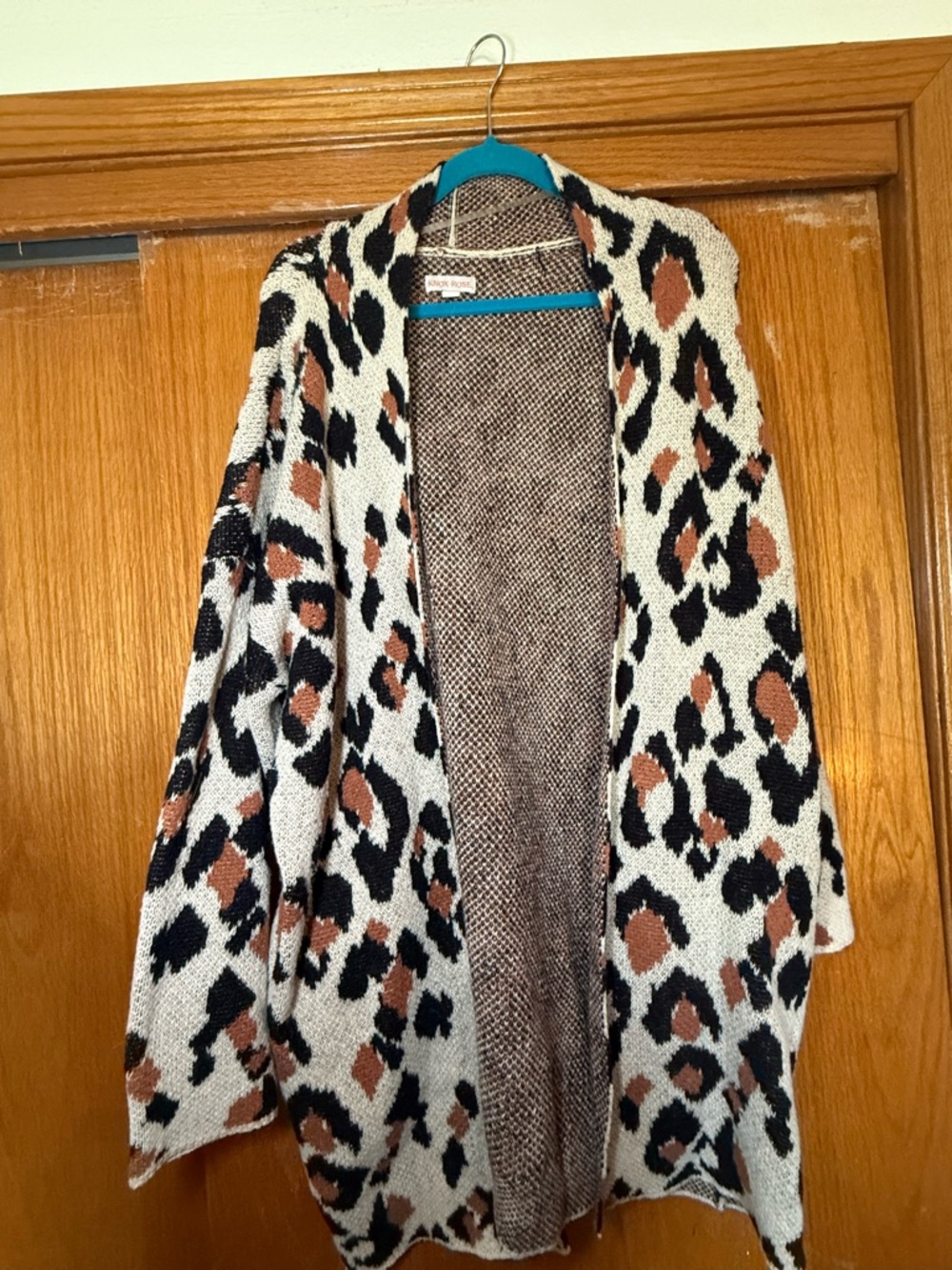 Knox Rose Cozy Open-Front Leopard Print Cardigan Sweater - Cream & Brown